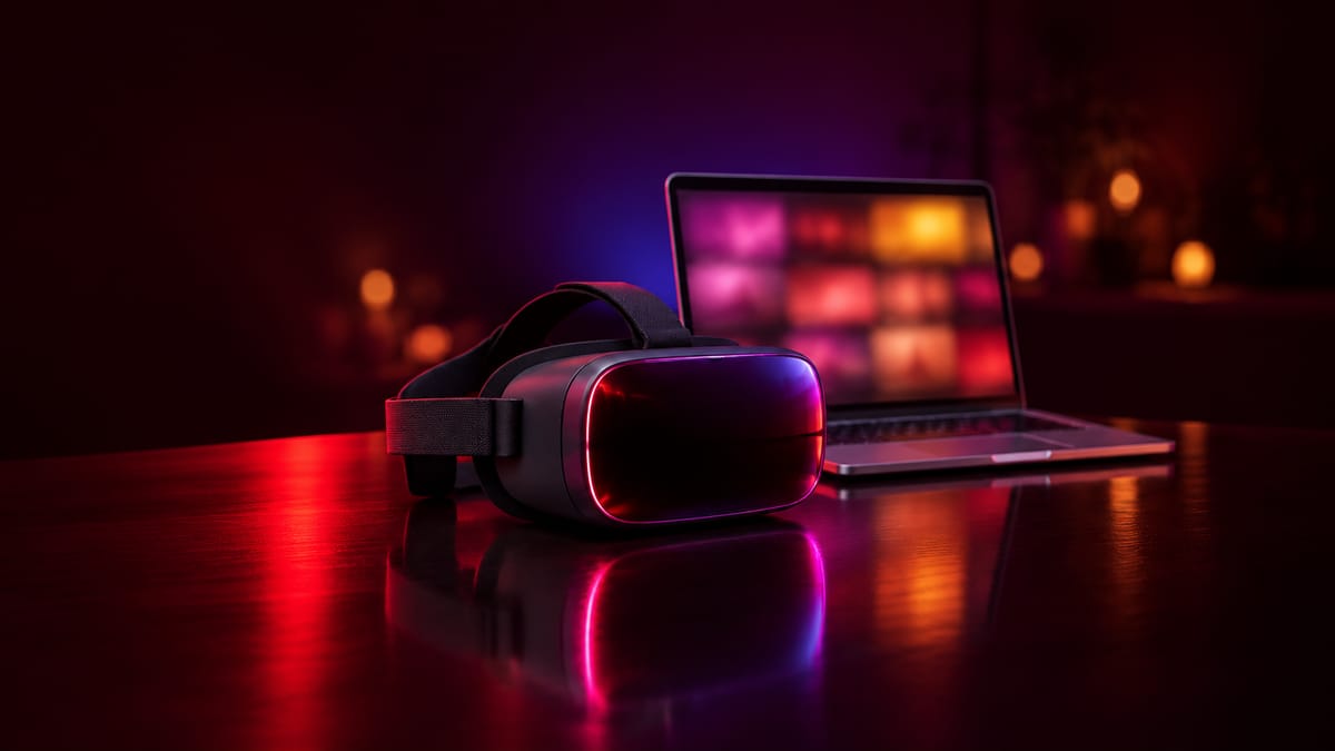 Casque VR posé à côté d'un ordinateur portable affichant une grille floutée de rooms cams VR Stripchat
